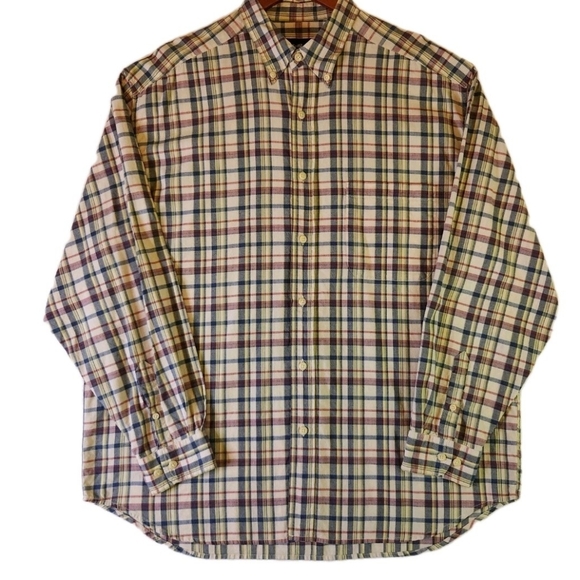 Vintage Eddie Bauer Plaid Shirt Large Beige Button Down Collar Lightweight Fall - Picture 1 of 10